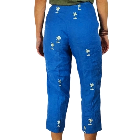 Talbots Petites Irish Linen Midrise Crop Pants Size 4 Blue Palm Trees - Picture 3 of 4